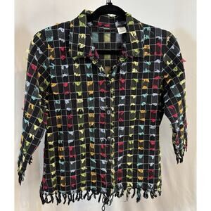 Vintage Button 100% Cotton Top Shacket Women M Eyelash Fringe Boho Colorful Art